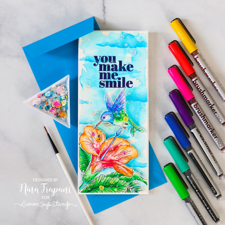 Make Magic Blog Hop Nina-Marie Trapani Suzy’s Tropical Foliage Watercolor card, Night Sky stencil, and All About Me stamp