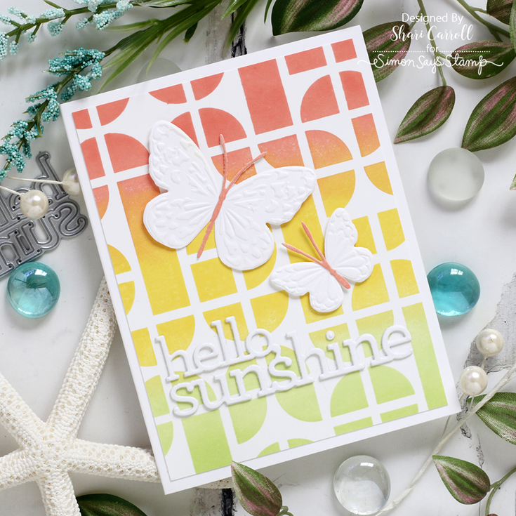 Let’s Chill Blog Hop Shari Carroll Retro Tiles cling, Graceful Butterfly embossing folder, and Hello Sunshine die