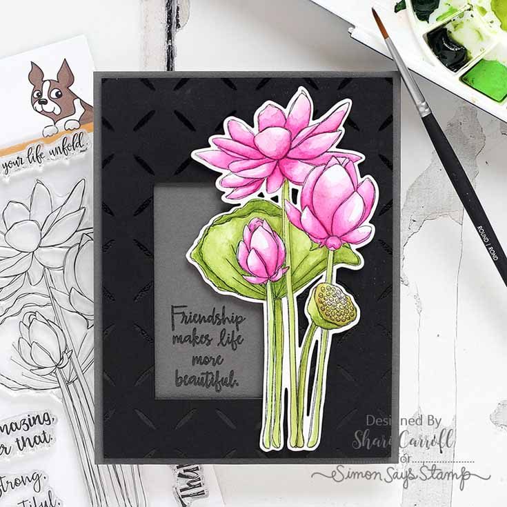 Friendly Frolic Blog Hop Shari Carroll Sketch Lotus Flowers stamp set and Diamond Pattern background stamp