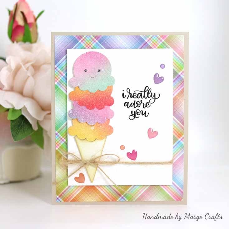 Marge Yoon Simon Says Stamp January 19 Throwback Thursday Handwritten Love stamp set and Picture Book ice Cream Cone die