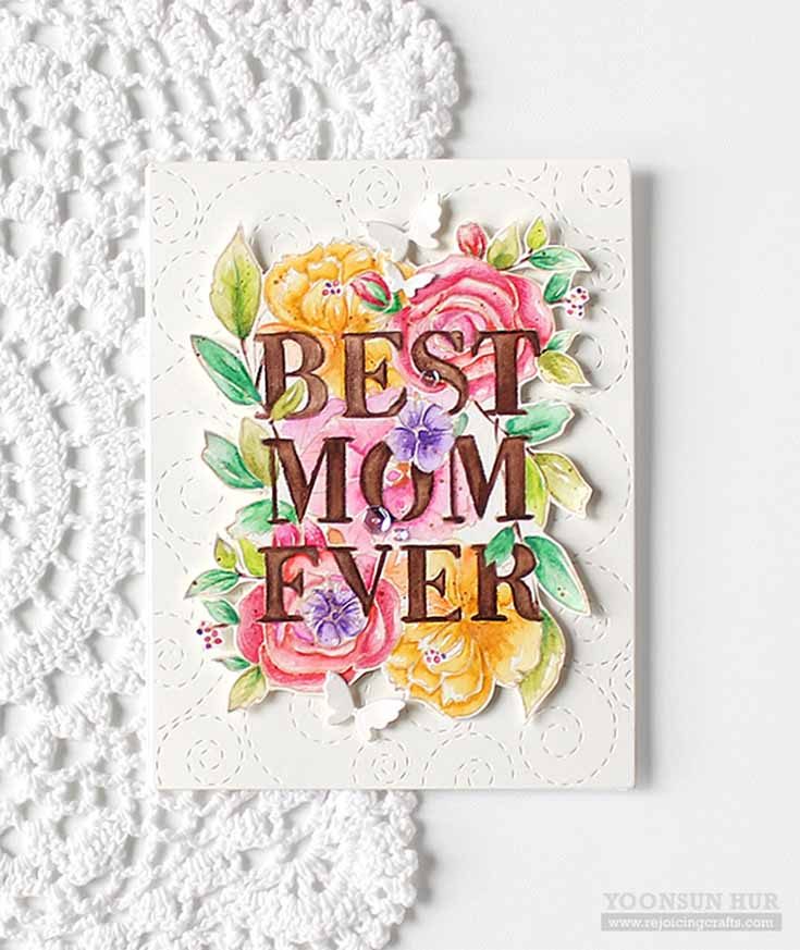 Yoonsun Hur Simon Says Stamp March 19 Throwback Thursday Best Mom stamp set and Flickering Butterflies and Stitched Whirl Background dies