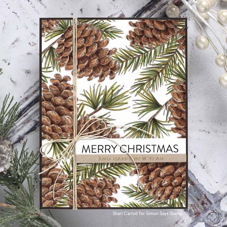 Cheer and Joy Blog Hop Shari Carroll Pinecone Background stamp, Extra Large Christmas Sentiment Strips, Holiday Greetings Mix 1 stamp set