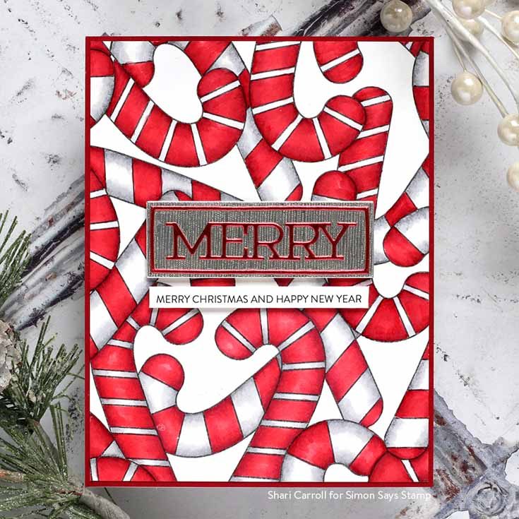 Cheer and Joy Blog Hop Shari Carroll Candy Cane background stamp, Merry Frame die, Sentiment Strips Christmas