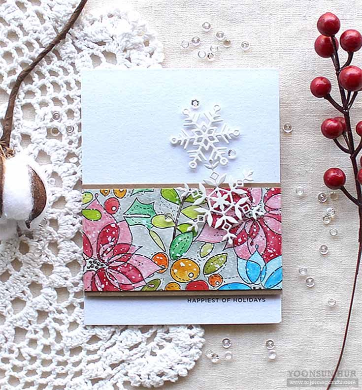 World Card Making Day Yoonsun Hur Winter Floral Mix background stamp, Ho Ho Postage stamp set and Kate Snowflake and Rina Snowflake dies
