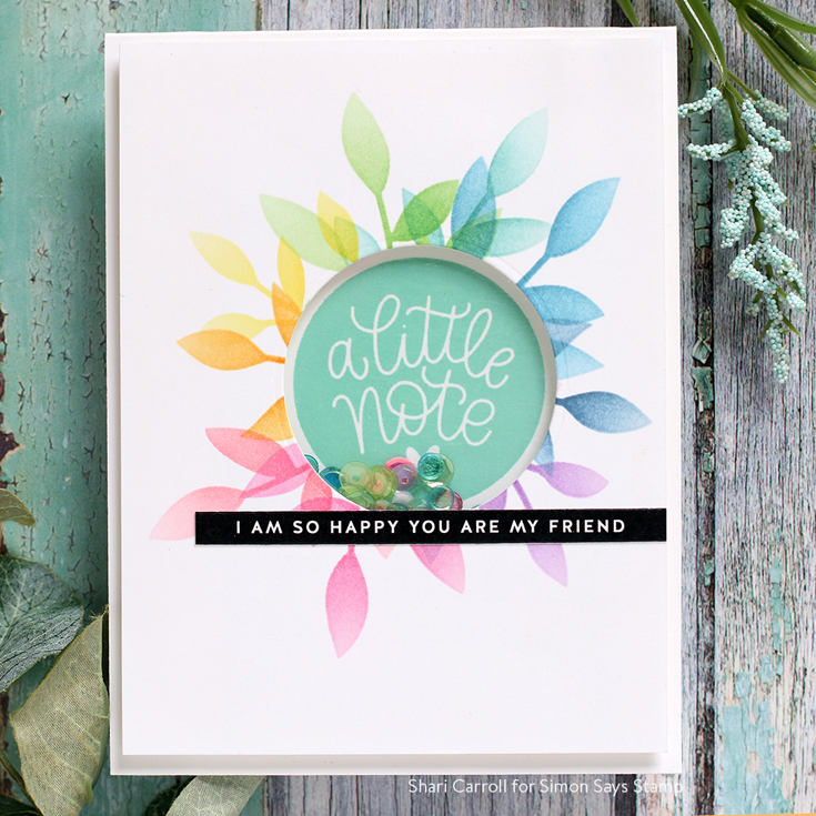 Lucky to Know You Blog Hop Shari Carroll Just Because Word Mix 2 stamp set Sentiment Strips Reverse Happy Birthday Leaves stencil