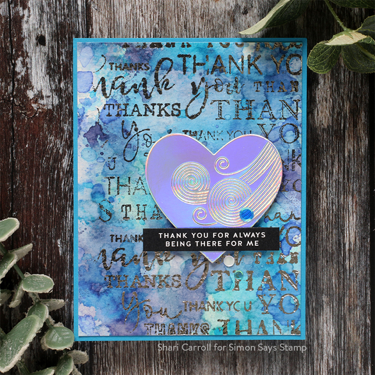 Crafty Hugs Blog Hop Shari Carroll Thank You background stamp, Reverse Sympathy Sentiment strips, and Etched Swirl Heart die