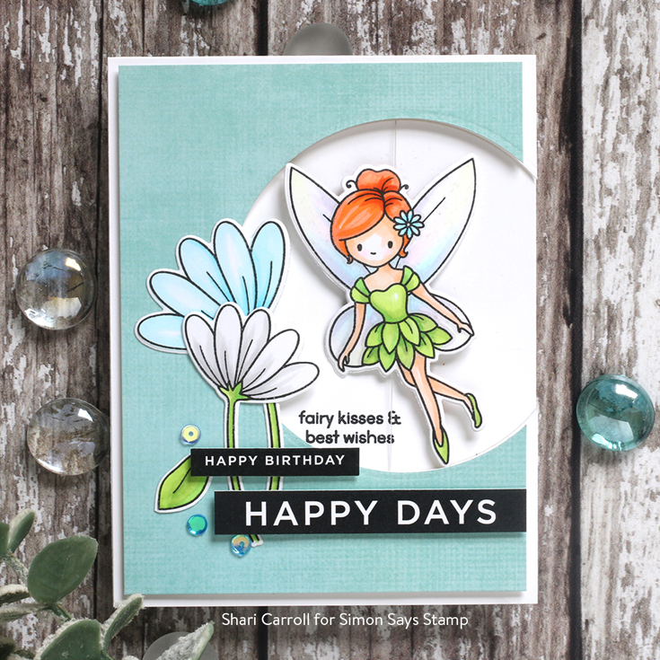 Send Happiness Blog Hop Shari Carroll Reverse Happy sentiment strips and Fairytale Spinners stamp set and dies