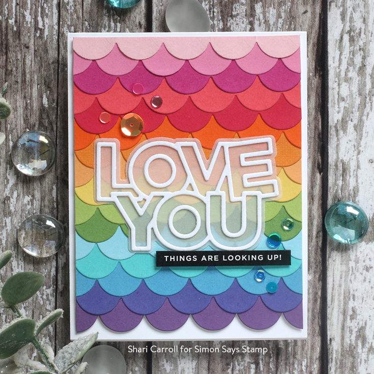 Send Happiness Blog Hop Shari Carroll Reverse Happy sentiment strips, Chunky Love You and Scallop Borders dies