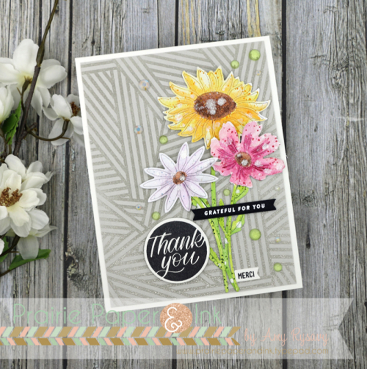 Amy Rysavy Simon Says Stamp July 2020 Throwback Thursday Daisy Stem, Sunflower Stem, and Cosmos Stem dies, Stripe Jumble background stamp, Thanks and Encouragement Word Mix 1 stamp set