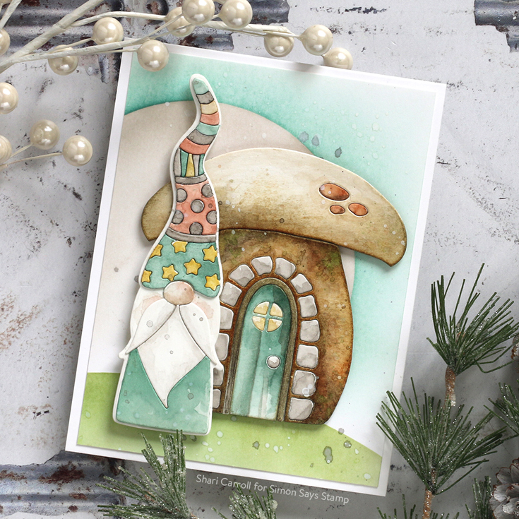 Make Merry Blog Hop Shari Deco Hat Gnome and Mushroom House dies and Circle Masks stencil