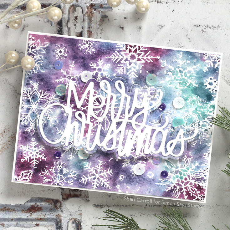 Make Merry Blog Hop Shari Carroll Large Written Merry Christmas die and All Snowflakes background stamp