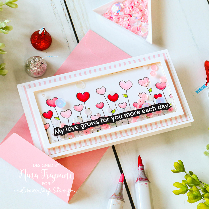 Love You, Too Blog Hop Nina-Marie Trapani, Heart Garden background stamp, Cotton Candy envelope, and Cupcake Frosting sequins