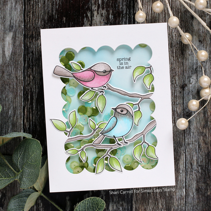 Hello Beautiful Blog Hop Shari Carroll Spring Birds stamp set and die, Chunky A2 Rectangles die, Lucky Clover sequins