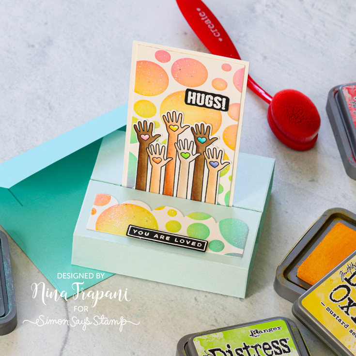 Rainbows Blog Hop Nina-Marie Trapani 3D Card die, Fading Circles stencil, and You are Loved stamp and coordinating die