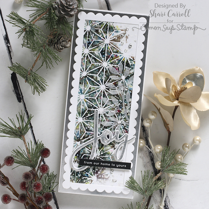Peace on Earth Blog Hop Geometric Snowflakes stencil, Large Joy and Delicate Leafy Branch die, Matte Silver Cardstock, and Reverse from All of Us Christmas strips