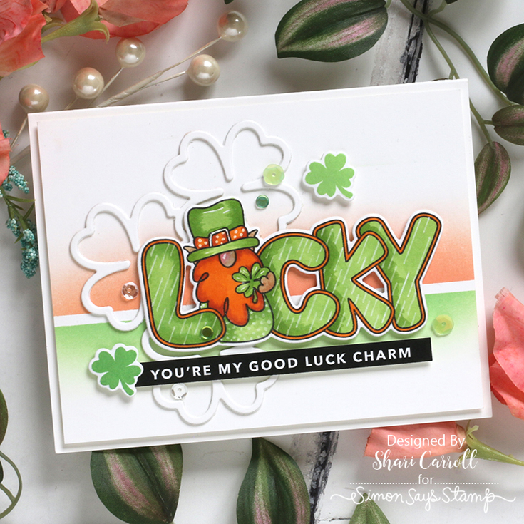 Good Luck Charm Blog Hop Shari Carroll Gnome Lucky stamp, Linking Lucky Clovers, and Reverse Lucky sentiment strips