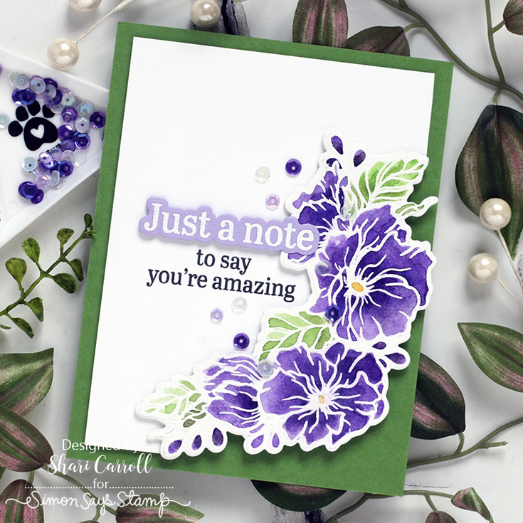 Happy & Joyful Blog Hop Shari Carroll Just a Note Pansy stamp set and coordinating die and Blooming Lilacs sequins