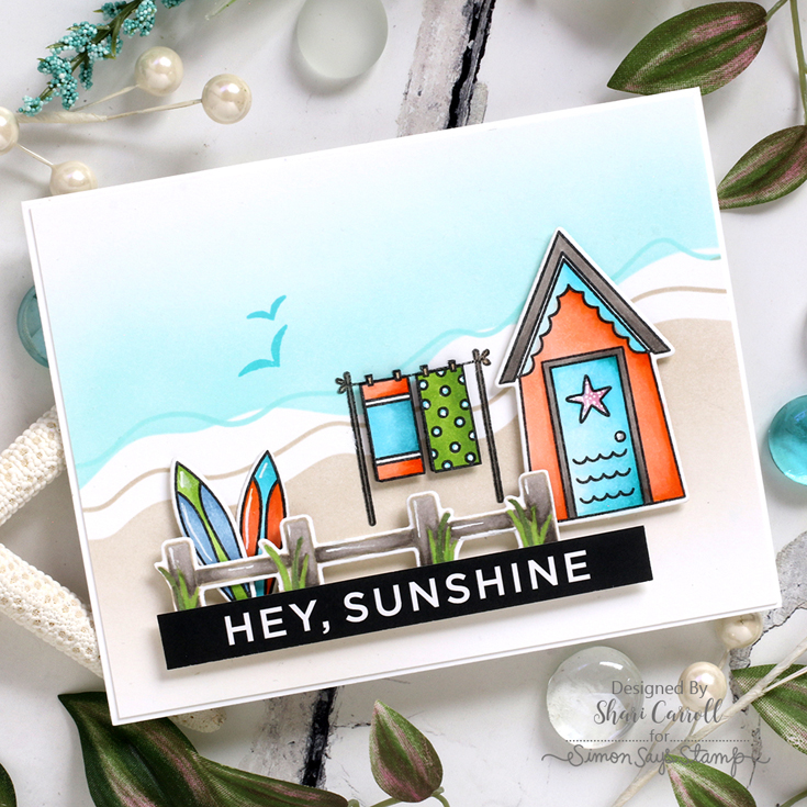 Let’s Chill Blog Hop Shari Carroll Beach Huts stamp and coordinating die, Reverse Chill Summer sentiment strips, and Sand and Surf stencil