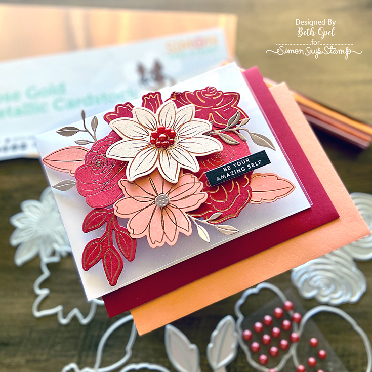 Let’s Chill Blog Hop Beth Opel Sketched Daisy Bloom, Small Doodle Daisy, and Intricate Roses hot foil plates and Rose Gold Cardstock