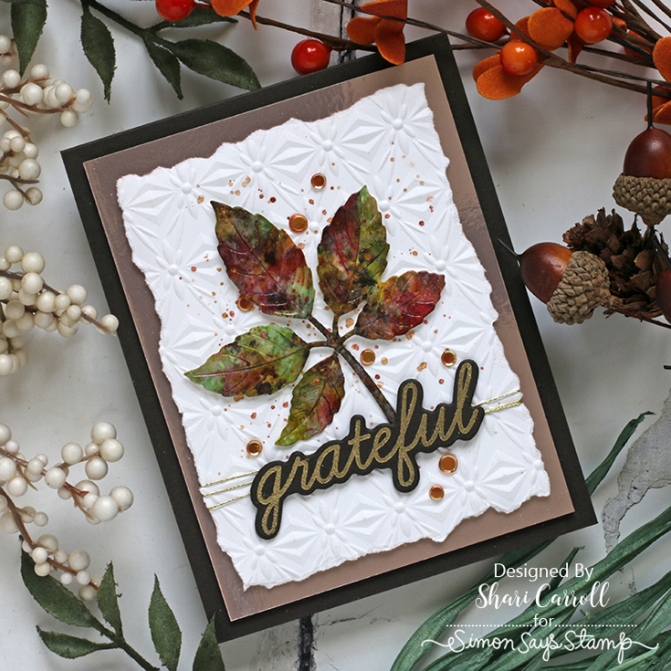 STAMPtember® Blog Party 2022 Shari Carroll Sparkling Facets embossing folder, Buckeye Leaf die, and Sassy Thankful stamp set and coordinating die