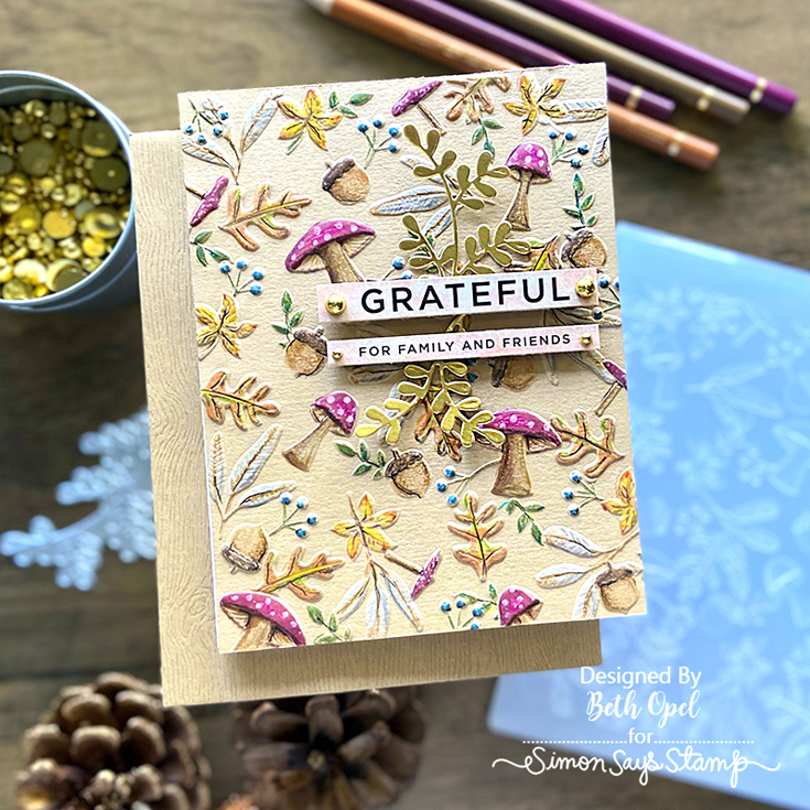 Cozy Hugs Blog Hop Beth Opel Forest Floor embossing folder, Fiddly Leaf die, Sassy T-Day sentiment strips