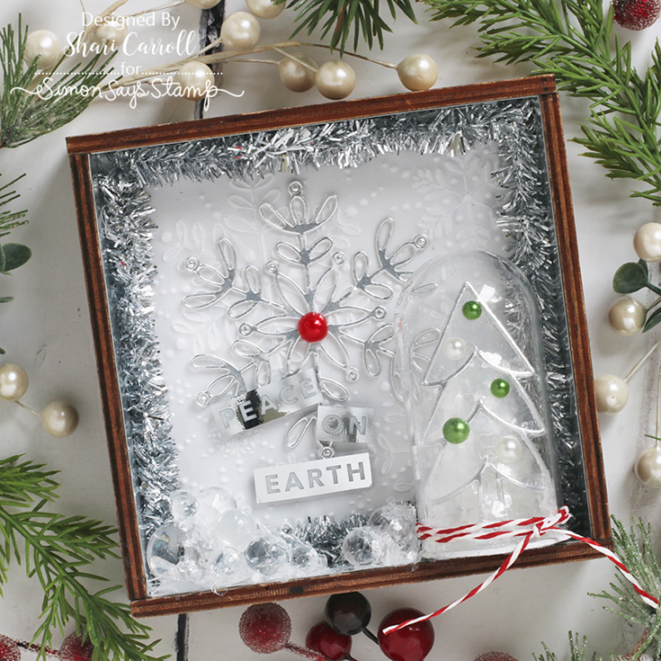 Holiday Sparkle Blog Hop Shari Carroll Amelia Snowflake die, Mod Tree die, Bold Christmas Acetate Sentiment strips, and Refined Snowflakes embossing folder