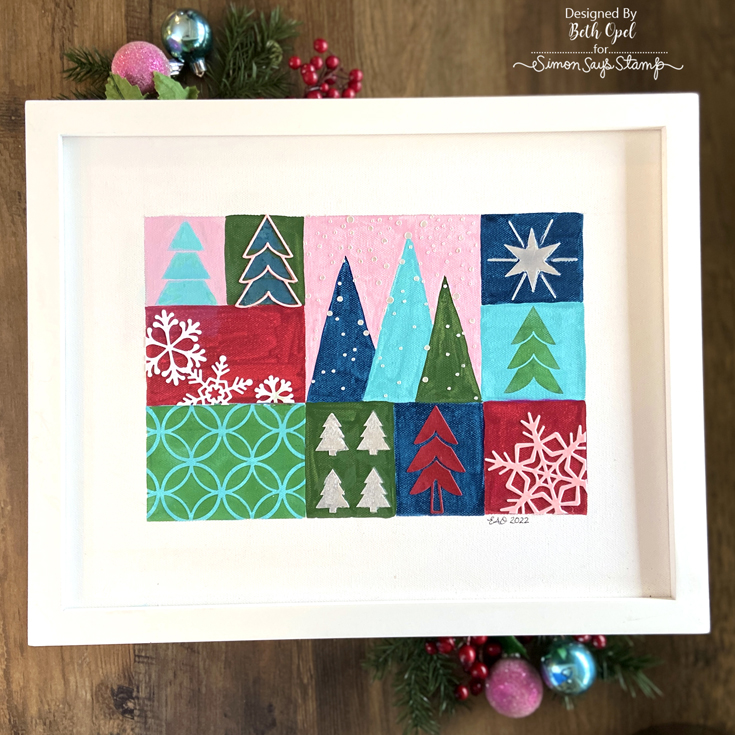 Holiday Sparkle Blog Hop Beth Opel Sparkling Snowflake Frame and Trio die, Mod Tree die, Tree Mask and Tree Lot stencils, Pawsitively Velvet Classic Assortment