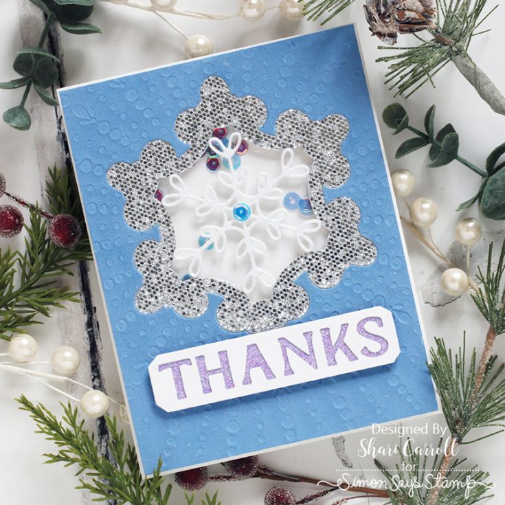 DieCember® Blog Hop Shari Carroll Gilded Ornamental embossing folder, Thanks Frame and Aidan Snowflake dies, Pawsitively Velvet Shades of Blue, Luxe Glitter cardstock, and Winter Glitter sequins