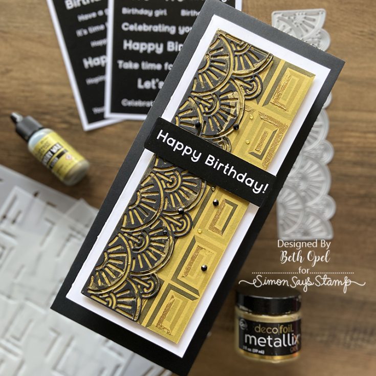 DieCember® Blog Hop Beth Opel Fanfare Border die, Dimensional Rectangles stencil, and Reverse Birthday Celebrations sentiment strips