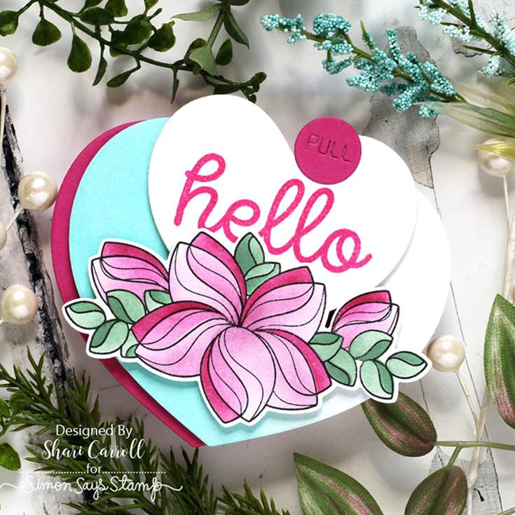 Hugs and Kisses Blog Hop Shari Carroll Slider Plate die, Hi There Greetings stamp, Nested Round Hearts die, Swoopy Flowers stamp set and coordinating die