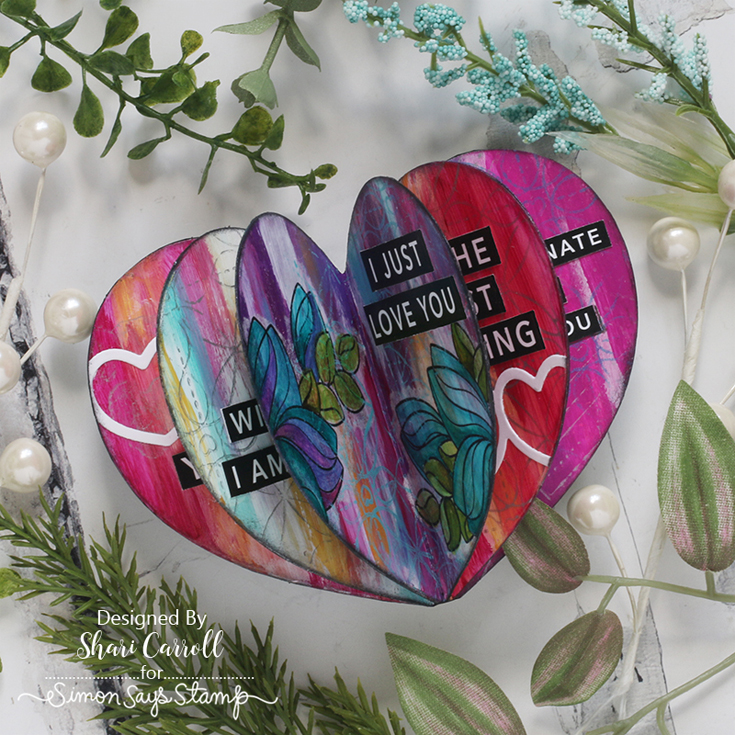 Hugs and Kisses Blog Hop Shari Carroll Nested Round Hearts die, Heart Chain die. Swoopy Flowers stamp, Reverse Bold Love sentiment strips