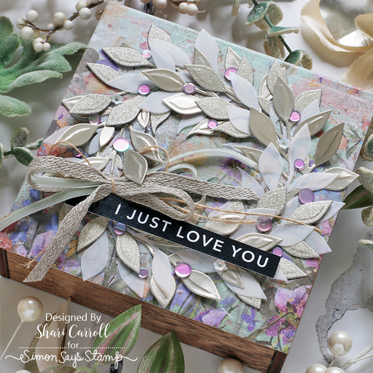 Beautiful Days Blog Hop Shari Carroll Leafy Sprig die, Reverse Bold Mom strips, and Lilac Sparkle sequins