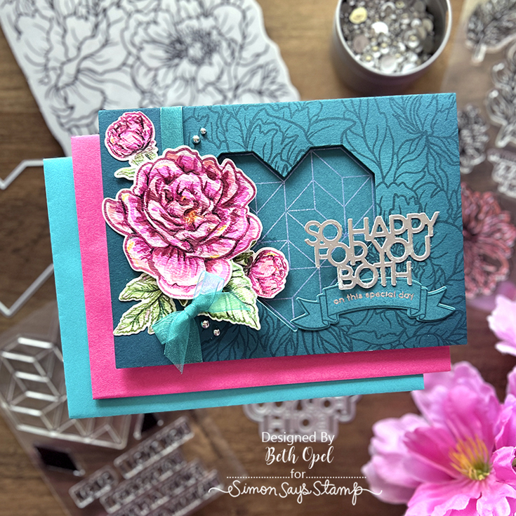 Dear Friend Blog Hop Beth Opel Blissful Bouquet stamp and coordinating dies, Peony Background, So Happy for You Both die, and Modern Heart Quilt coordinating die