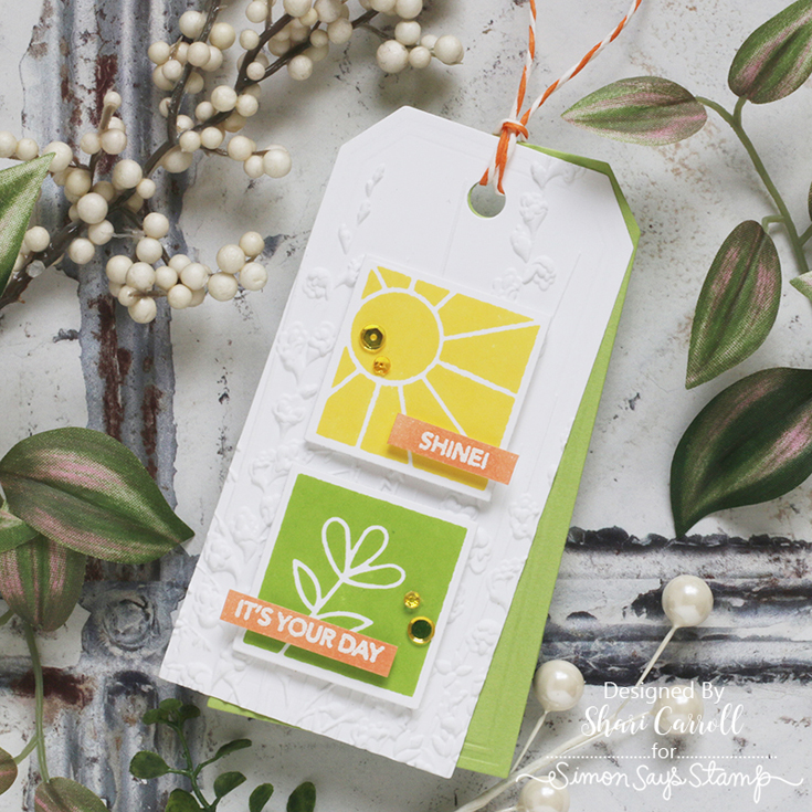 Out of This World Blog Hop Shari Carroll Happy Icons stamp, Garden Spires embossing folder, Pawsitively Saturated Green Meadows and Yellow Sunsets ink cubes