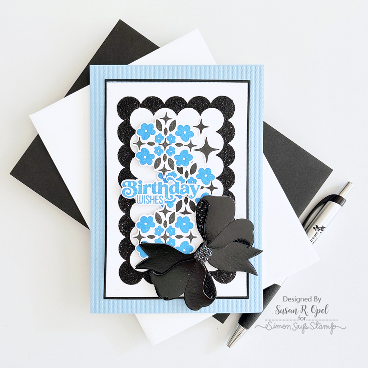 Just a Note Blog Hop Susan R. Opel Retro Wishes stamp set and coordinating dies and A7 Scalloped Rectangles stencil