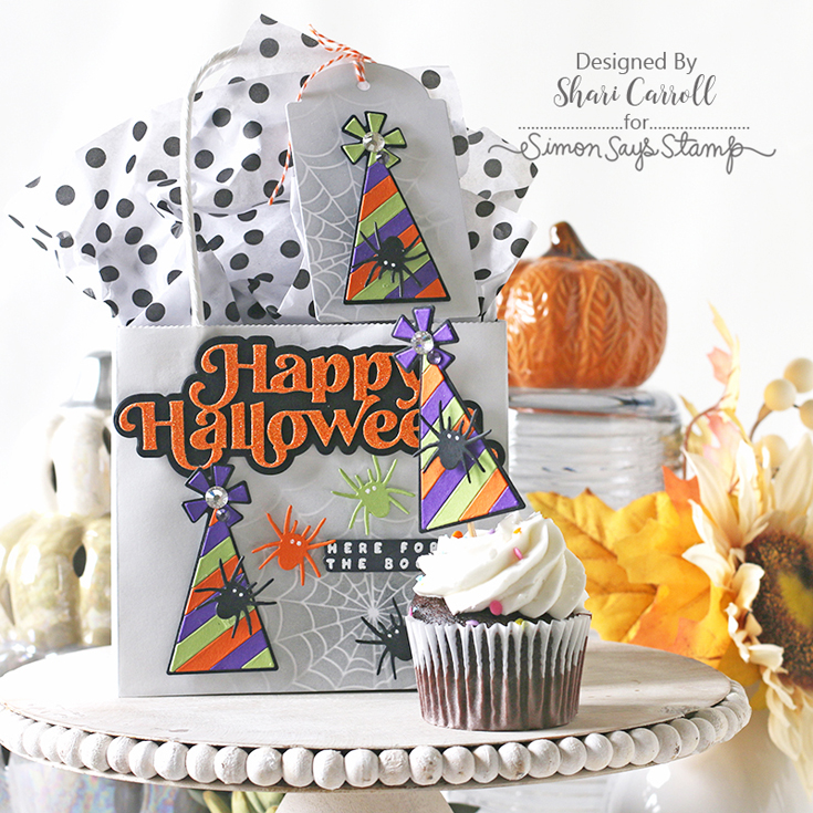 STAMPtember® Party Shari Carroll Party Hat, Spider, and Fancy Halloween dies, Trick or Treat stamp, and Web stencil