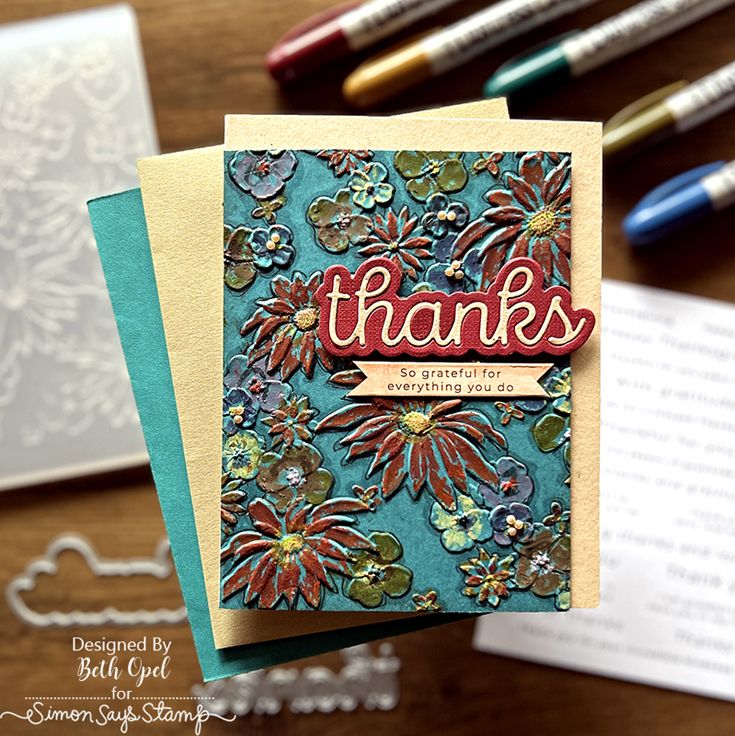 Season of Wonder Blog Hop Beth Opel Drifting Blossoms embossing folder, Scripty Thanks die, and Giving Thanks sentiment strips