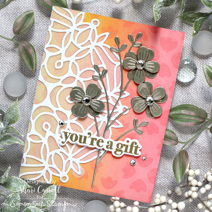 Splendor Blog Hop Shari Carroll Half Spring Mandala and Fine Floral stem dies, Birthday Basics stamp set and coordinating, Clear Pawsitively Dazzling Gems, and Mosaic Tulip stencil