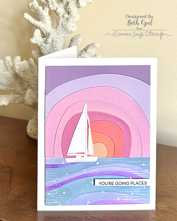 Friend Like You Blog Hop Beth Opel Sunshine Sailboat embossing folder, Ocean Horizon die, Under Water stencil, and Get Away strips