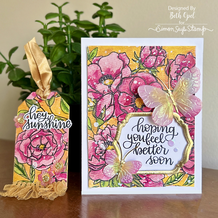 Happy Camper Blog Hop Beth Opel Delicate Blossoms stamp, Handlettered Encouragement stamp and coordinating die, Confetti Butterfly embossing folder and coordinating dies, Nested Tags, die, and Modern Teardrops die