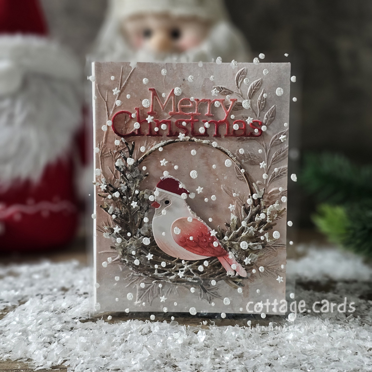 World Card Making Day 2025 Inderjeet Kaur Winter Cardinal, Hanging Leaf Ring, Berry Stems, and Merry Christmas dies, Clear Acetate Cards A2