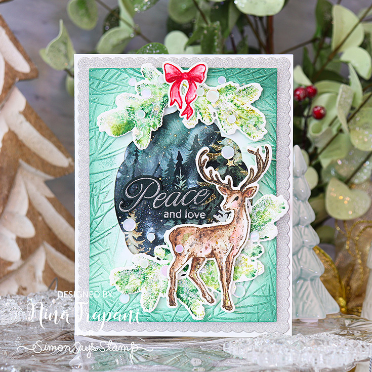 And Everything Nice Blog Hop Nina-Marie Trapani Nostalgic Christmas stamp and coordinating die, Wispy Pine Needles Frame embossing folder