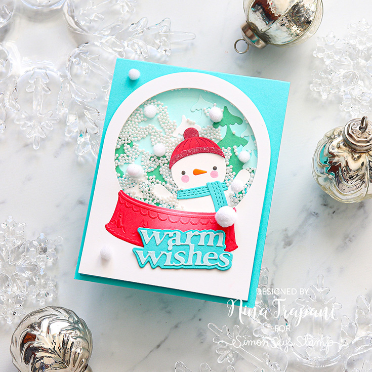 DieCember® Blog Hop Nina-Marie Trapani Snuggle Snowman and Warm Wishes Medley Script dies and Antique Snow Globe emboss and cut folder