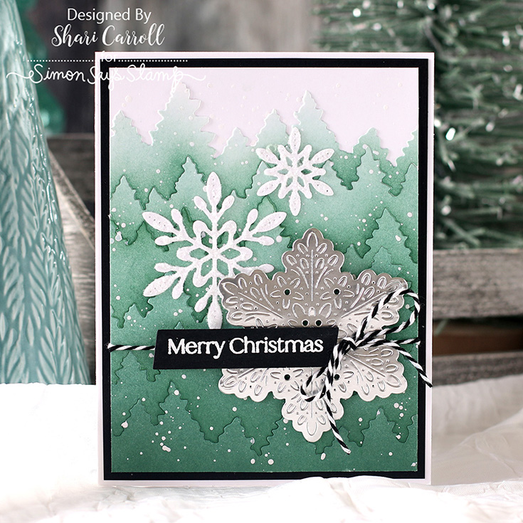 DieCember® Blog Hop Shari Carroll Birdies Flourish Snowflake, Forest Background, and Splendid Snowflakes dies, EZ Strips Christmas stamp and Slanted Rectangles die