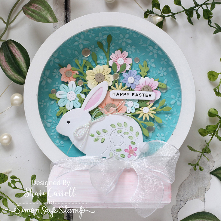 Beautiful Moments Blog Hop Shari Carroll Flourish Rabbit and Country Basket Bouquet dies, Tiny Flora embossing folder, and Easter EZ Strips
