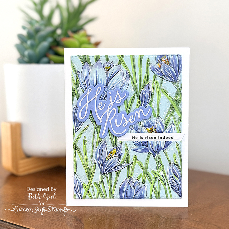 Beautiful Moments Blog Hop Beth Opel Blooming Crocus Field embossing folder, He is Risen Script die, and EZ Strips Easter
