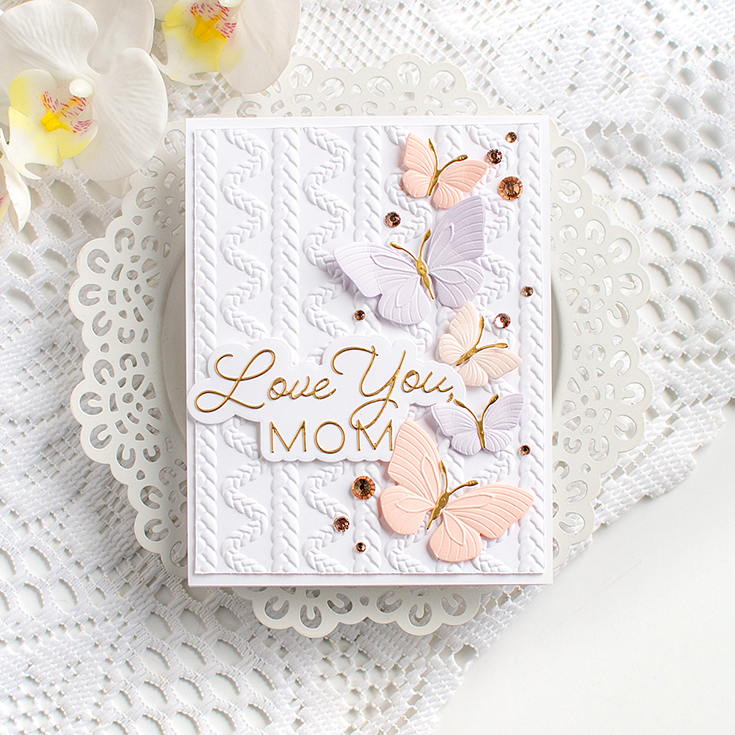 In My Heart Blog Hop Heather Hoffman Love You, Mom die, Braided and Butterfly Escapade embossing folders, and new cardstock colors