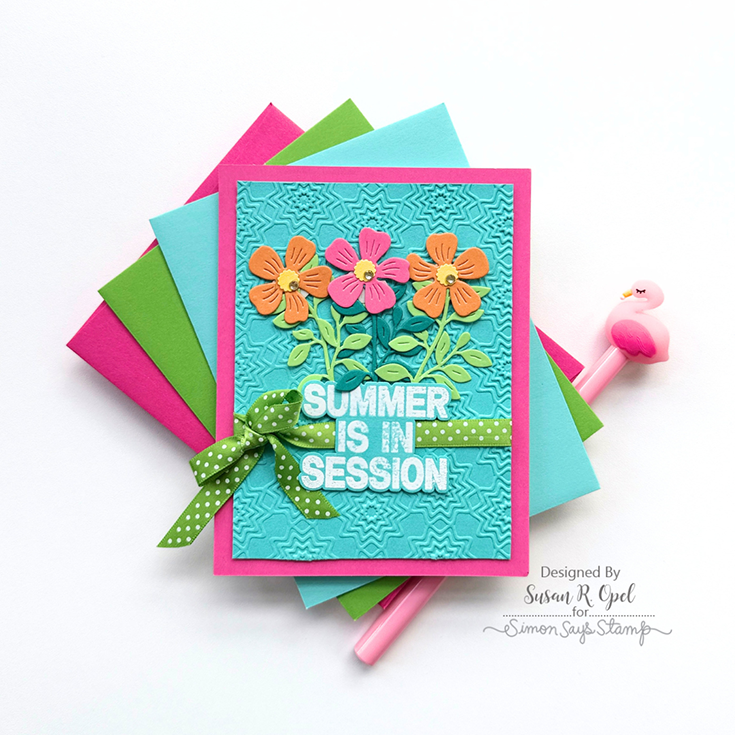Shine On Blog Hop Susan R. Opel Chill Vibes stamp and coordinating die, Dancing Meadows die, and Presto Pop embossing folder